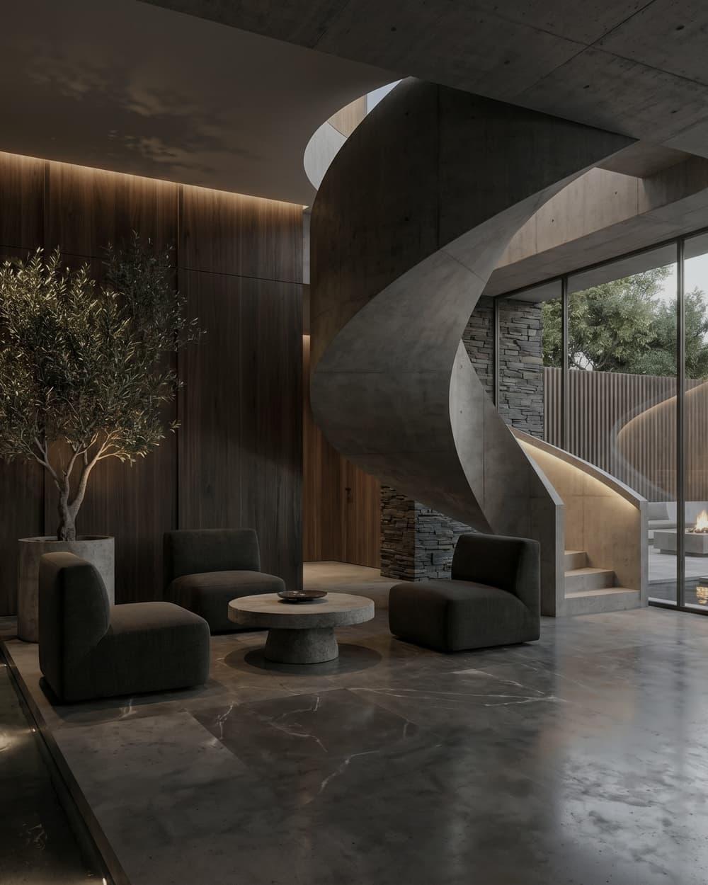 A refined interior stair and lounge space with glass, concrete, and warm daylight