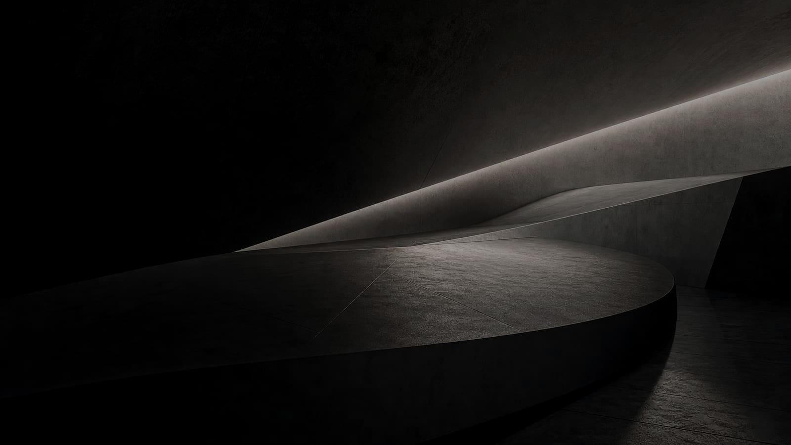 An abstract dark architectural surface with layered spatial depth