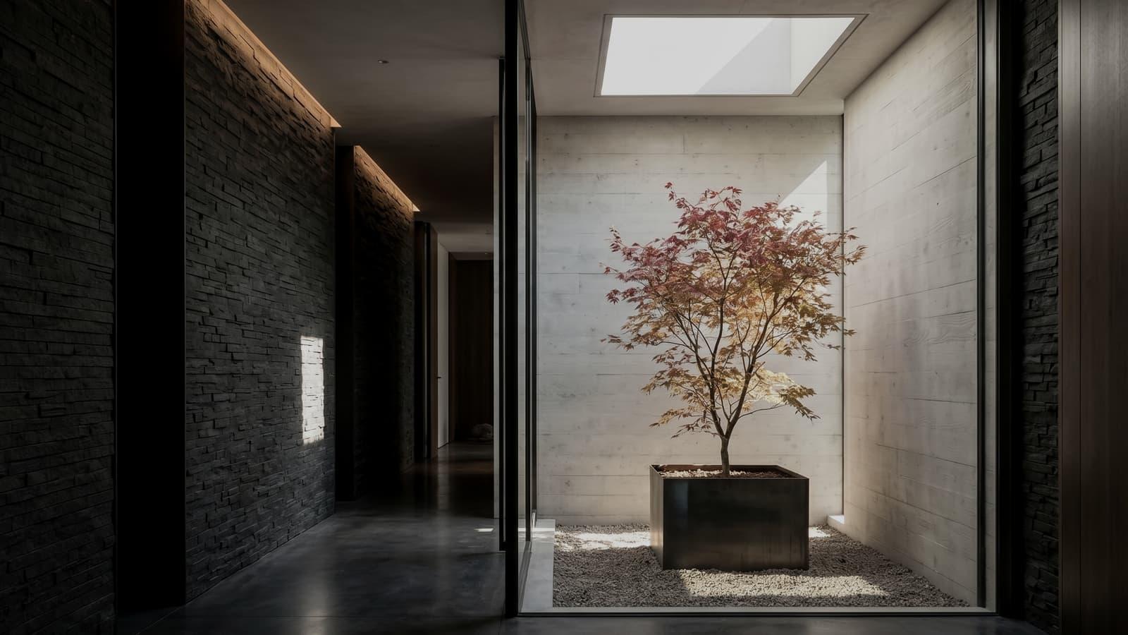 A dark architectural corridor framing a quiet tree and a luminous spatial threshold