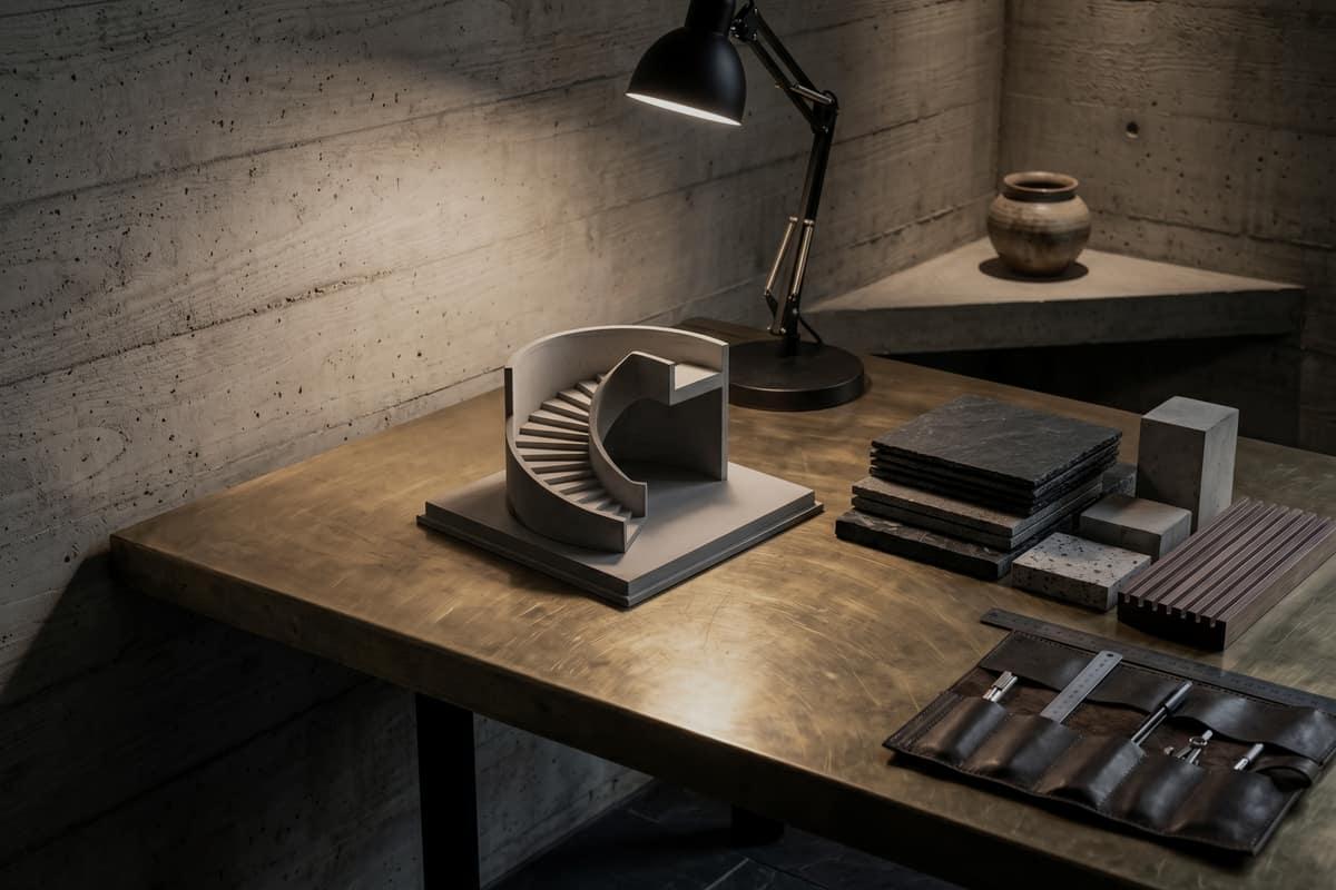A restrained work surface with architectural samples, warm light, and concrete texture